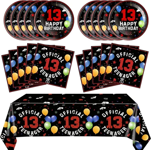 Juego de 41 decoraciones para fiesta de cumpleaños número 13, color negro y rojo, incluye platos y servilletas, mantel para niños y niñas, dulce