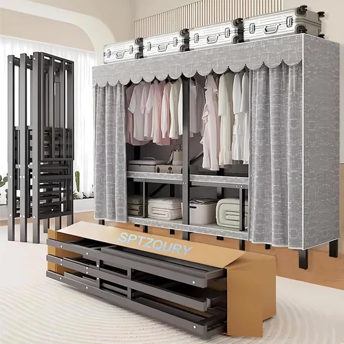 Miniatura 14 de Armario portátil plegable de 59.1 pulgadas para colgar ropa, perchero resistente con cubierta, percheros plegables de metal independientes, armario