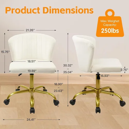 Miniatura 3 de CLATINA Silla de escritorio de terciopelo para el hogar con ruedas de base dorada, altura ajustable, tapizada, cómoda, ergonómica, sin brazos