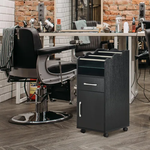 Miniatura 8 de BarberPub Carrito de salón con armario de almacenamiento con cajones de madera de ingeniería, carrito de salón rodante para estilista, carrito