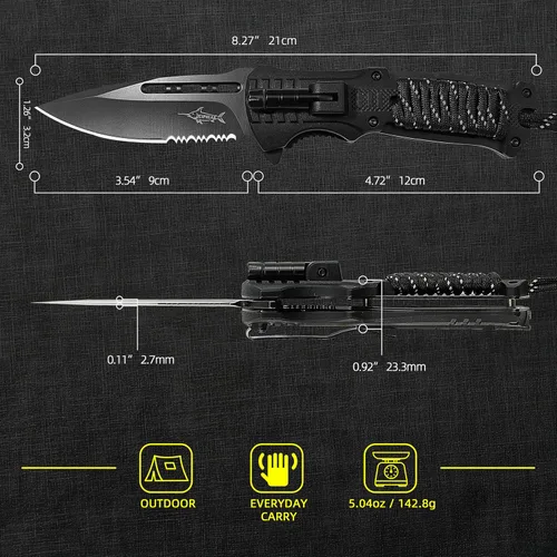 Miniatura 2 de XIPHIAS Cuchillo plegable de supervivencia - Multiherramienta de acero inoxidable con luz LED, iniciador de fuego, silbato y paracord, clip