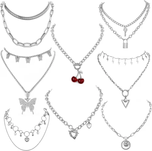 Juego de 8 collares de cadena en tono plateado y dorado para mujeres, adolescentes y niñas y niños, collar colgante en capas con diseño multicolor,
