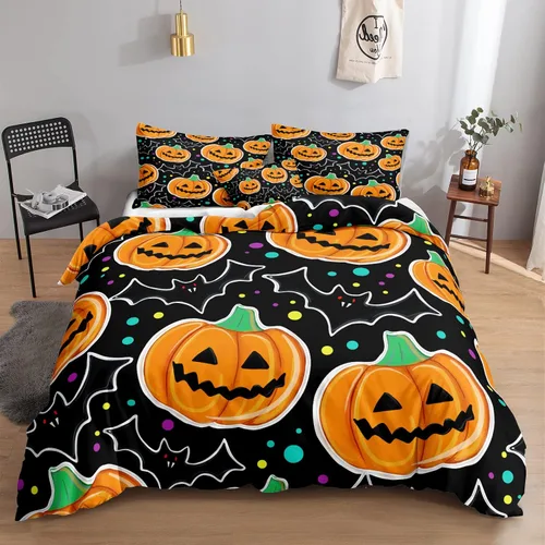 Miniatura 17 de Juego de funda de edredón de calabaza para Halloween, divertido diseño de calabaza malvada, color negro, juego de ropa de cama Tiwn 1 funda