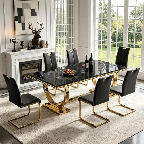 Miniatura 32 de 5 Piece Black Marble Dining Table Set for 4, Modern Faux Marble Kitchen Dining Room Tables with 4 Leather Chairs Set, 68.11" Luxury Rectangular