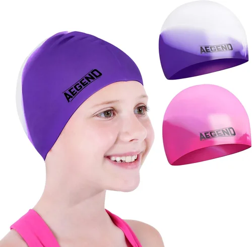 Aegend Paquete de 2 gorros de natación para niñas y niños de 3 a 15 años, gorro de natación impermeable para niños, de silicona duradera, para