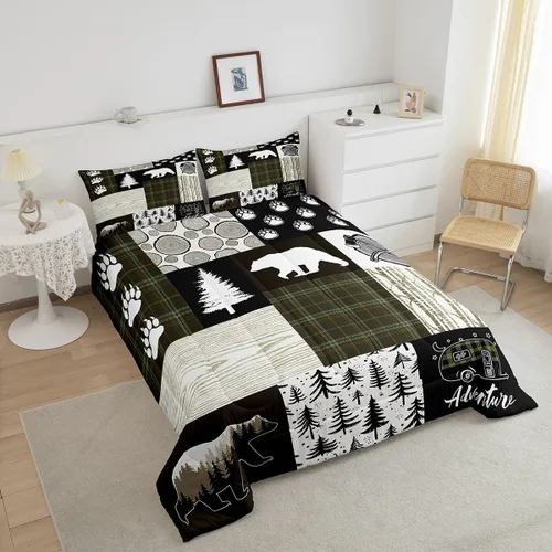 Miniatura 113 de Juego de edredón de cuernos de ciervo tamaño individual, juego de ropa de cama rústica de granja con huellas de oso y pinos para decoración