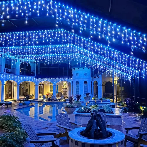 Miniatura 5 de Luces de Navidad de carámbano para exteriores, 66 pies, 640 luces LED de Navidad azules y blancas, 8 modos con 120 gotas, luz de carámbano