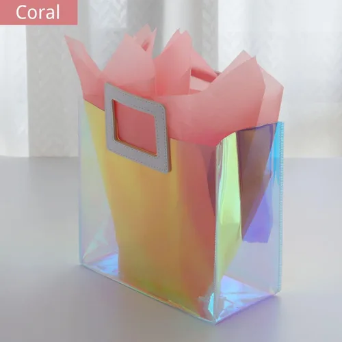 Miniatura 3 de VUOJUR 2 bolsas de regalo pequeñas reutilizables de 8.3 pulgadas con papel de seda - Coral e iridiscente