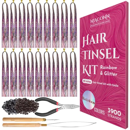 Miniatura 7 de NIACONN Kit de extensiones de oropel con purpurina de 18 colores con herramientas y cuentas, 48 pulgadas, mechones de tracción brillantes de hadas