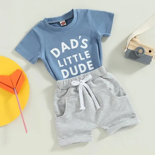 Miniatura 9 de Conjunto de traje de verano para bebé niño pequeño, manga corta, cuello redondo, letras impresas, lindo traje de verano, conjunto de 2 piezas