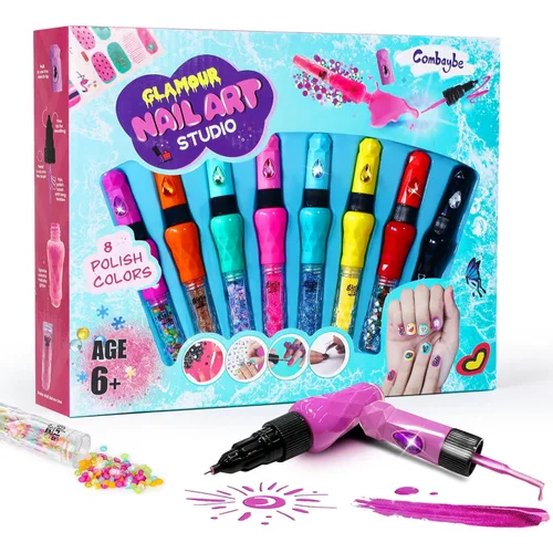 Juego de 8 bolígrafos de arte de uñas para niños, esmalte de uñas no tóxico y purpurina con punta de garabato, kit de arte de uñas para niñas de 7 a