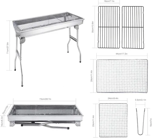 Miniatura 6 de Parrilla de Carbón para Barbacoa de Acero Inoxidable Plegable Portátil Kits de Herramientas BBQ para Cocinar al Aire Libre Camping Senderismo