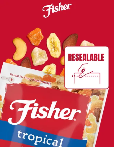 Miniatura 4 de Fisher Tropical variedad de frutos secos, 3.5 onzas, paquete de 6 unidades, chips de plátano, almendras, anacardos, piña y mango endulzados y secos