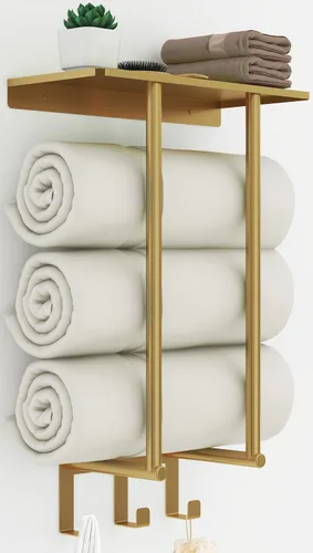 Miniatura 9 de Toalleros para baño, toallero con estante y 3 ganchos, soportes de almacenamiento de toallas de pared para toallas de baño enrolladas, color negro