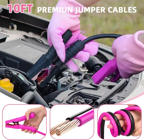 Miniatura 2 de Kit de emergencia para vehículos en carretera, kit de primeros auxilios rosa para automóvil con cables de puente, kit de seguridad para coche