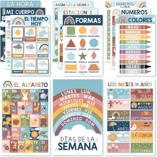 Hadley Designs Carteles de español para el aula – 12 carteles educativos bilingües para decoraciones de aula de español imprescindibles, calendario