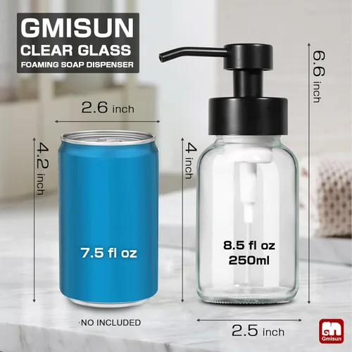 Miniatura 3 de GMISUN - Dispensador de jabón de espuma, paquete de 2 dispensadores de jabón de vidrio transparente de 8.5 fl oz / 8.5 fl oz para baño y cocina