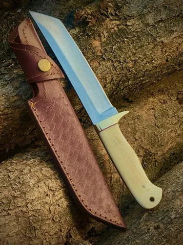 Miniatura 5 de Hecho a mano caza hoja fija Tanto cuchillo con funda de cuero cuchillo de acero al carbono al aire libre para desollar camping aventura para dotado