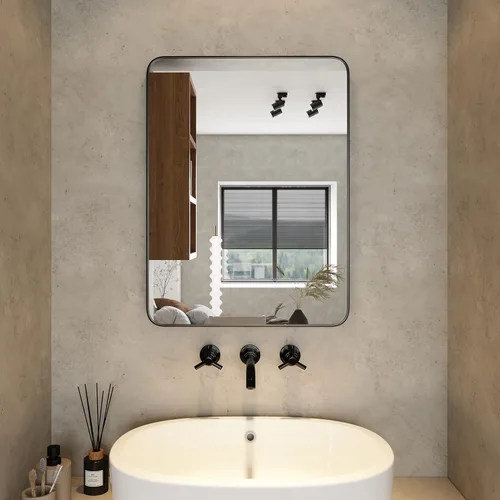 Miniatura 10 de Espejo de montaje en pared para baño, marco de metal negro, esquina redondeada, espejo de tocador de baño, espejo colgante decorativo, para sala