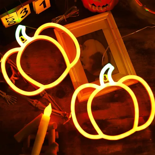 Miniatura 3 de Luces de neón de calabaza para decoración de Halloween, paquete de 2 lindas luces de Acción de Gracias naranja y verde para el hogar, funciona