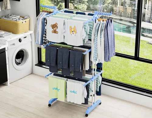 Miniatura 3 de HOMIDEC Tendedero de Ropa, Tendedero Plegable Grande de 4 Niveles para Ropa (67.7H x 19.7W x 30L Pulgadas), Móvil con 4 Ruedas. Tendedero Azul