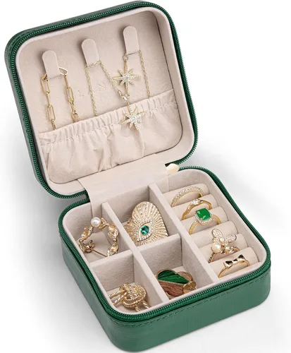 Miniatura 25 de Vlando Regalos de boda – Organizador de viaje de joyería pequeña de piel sintética, estuche de viaje para anillo, mini joyero para aretes, collar