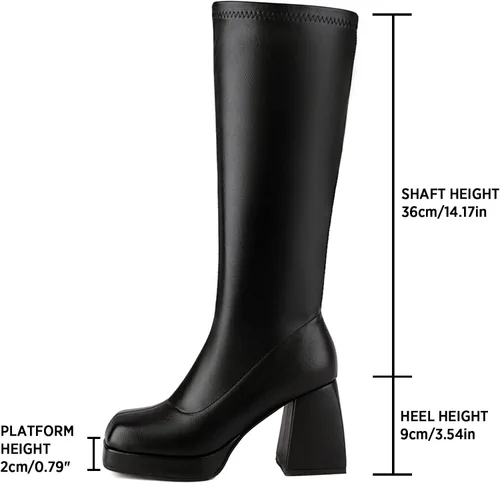 Miniatura 2 de Botas de cuero negro con plataforma para mujer, botas de tacón grueso con punta cuadrada