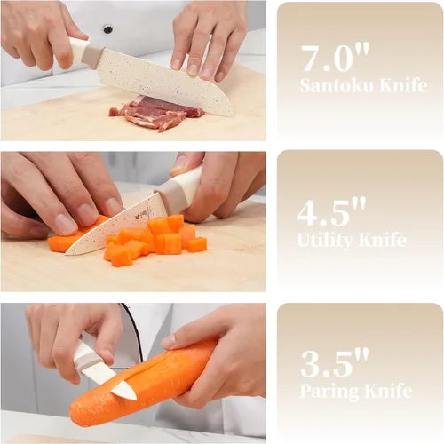 Miniatura 6 de Juego de 15 cuchillos con bloque, juego de cuchillos de cocina de acero inoxidable de alto carbono con hoja recubierta de cerámica, afilados y Crema