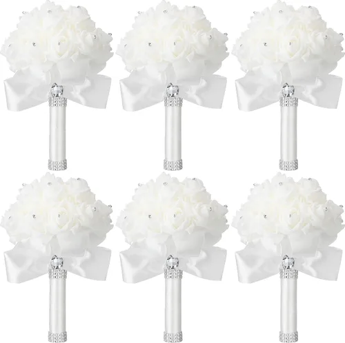 Miniatura 9 de Jutom Paquete de 10 ramos de boda para novia, rosas de dama de honor, ramo de novia, ramo de flores de boda con cintas suaves de diamante para Crema