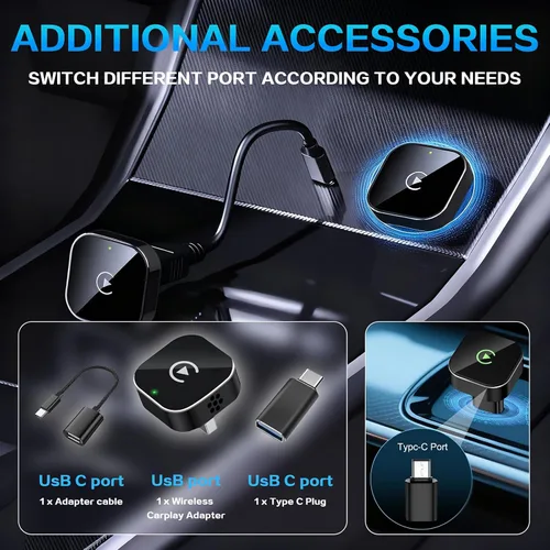 Miniatura 9 de Mini Adaptador Inalámbrico CarPlay para iPhone, 2 en 1 para Apple CarPlay y Adaptador Android Auto, Convierte de Cableado a Inalámbrico, Plug & Negro