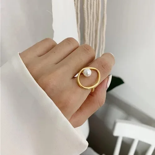 Miniatura 6 de FUNYCHEN Anillo de perlas de plata esterlina, anillo de perlas S925 para mujer, minimalista, irregular, oro, inspirador, anillo de perlas cultivadas