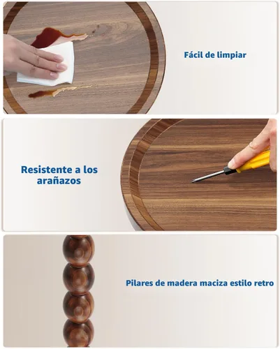 Miniatura 6 de Mesa auxiliar redonda de madera y mesa para bebidas, diseño moderno resistente y funcional de mediados de siglo con base de madera maciza para sala