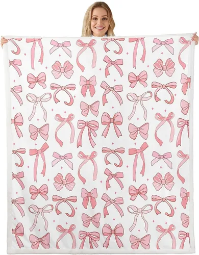 Miniatura 25 de Manta de franela con lazo rosa, manta de vellón con lazo en acuarela para decoración del hogar, sofá, sofá, manta de forro polar kawaii de dibujos