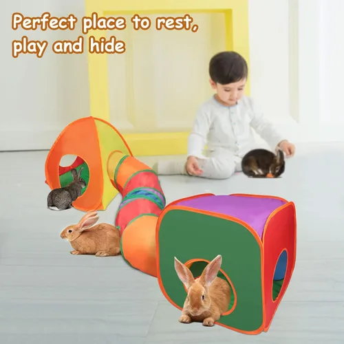 Miniatura 6 de BWOGUE Túneles y tubos de conejo, tubo plegable para escondite de conejo y cubos plegables, patio de recreo, escondite de actividades para animales