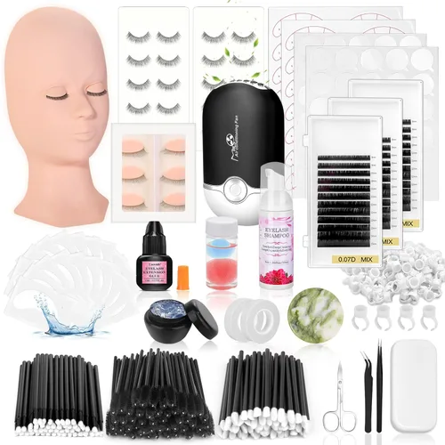 Kit de extensión de pestañas para principiantes, 345 PCS Suministros de práctica: Cabeza de maniquí con párpados extraíbles, pegamento de extensión,