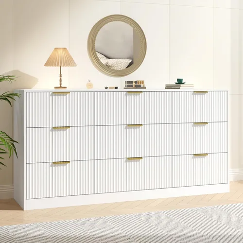 Miniatura 13 de Cómoda negra con 7 cajones, cómoda acanalada de 55 pulgadas de ancho para dormitorio con mango de metal, cómoda, soporte de TV de madera para Negro