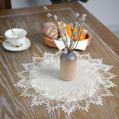 Miniatura 3 de ARTABLE Tapete de Mesa Redondo de Encaje Gris de Lino, Camino de Mesa, Mantel Individual Pequeño para Mesa de Café, Estilo Rústico de Granja