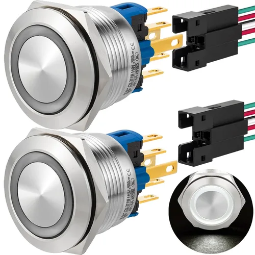 Miniatura 22 de 2 interruptores de botón de cierre de 0.866 in, 7/8 pulgadas, 110 V-120 V, SPDT, interruptor de encendido y apagado, impermeable, IP67, acero Azul