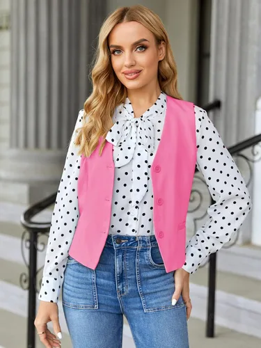 Miniatura 5 de GAMISOTE Chaleco con botones para mujer, estilo vintage, sin mangas, cuello en V, elástico, de gasa, chaleco