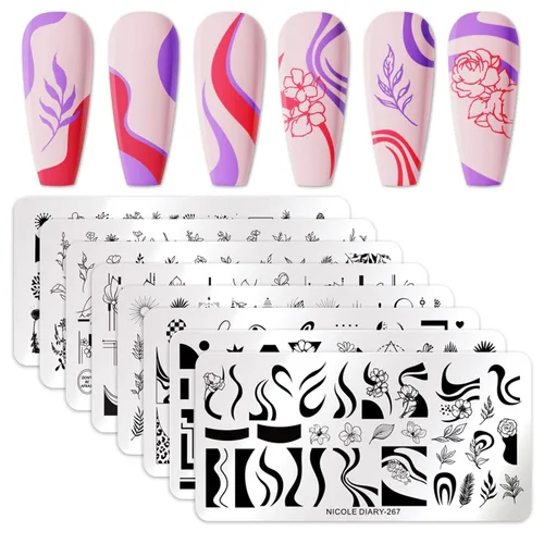 Miniatura 16 de Born Pretty Juego de placas de estampado de uñas, flores a cuadros, hojas, encaje, placas de imagen de arte de uñas de primavera a invierno, kit