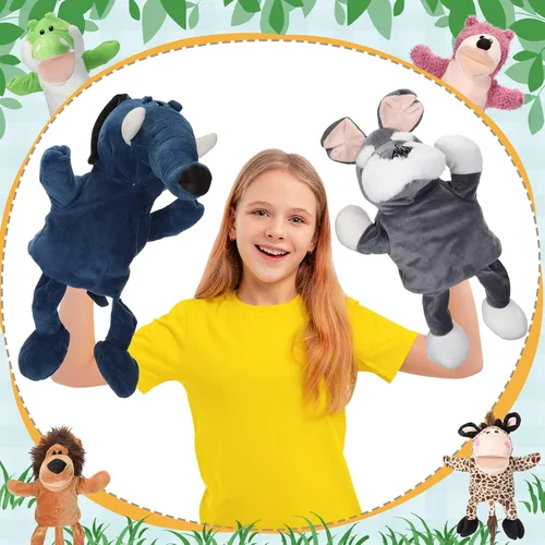 Miniatura 7 de Wettarn 10 piezas de marionetas de animales de mano de 12 pulgadas de felpa suave, diseño de león, orangután, jirafa, tigre, cerdo, elefante