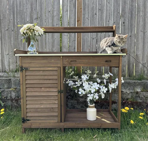 Miniatura 2 de PetsCosset - Banco de jardinería con mesa de trabajo al aire libre, de madera, con superficie de mesa metálica, gabinete, cajón, estante inferior
