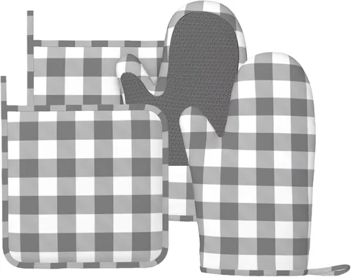 Miniatura 10 de Manoplas de horno y soportes para ollas a cuadros de búfalo negro y rojo, juego de 4 piezas, guantes de horno de silicona a cuadros negros y rojos