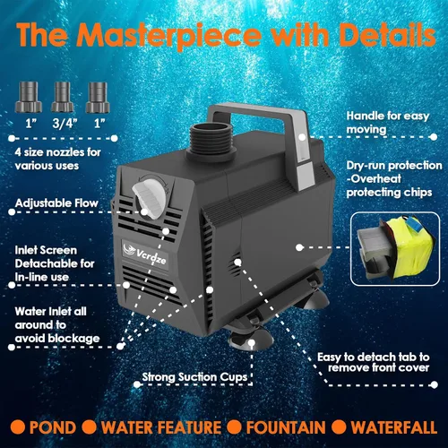 Miniatura 3 de Bomba de agua sumergible 1200GPH/70W Bombas de fuente con control de flujo, bomba de estanque sumergible para exteriores con cable de alimentación
