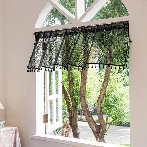 Miniatura 6 de Deeprove - Cenefa de cortina bohemia negra de 18 pulgadas de largo para cocina y cafetería, cortina corta bohemia de encaje transparente de crochet