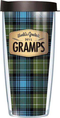 Signature Tumblers World's Greatest No. 1 Gramps Wrap on Blue Flannel Taza de viaje de doble pared de 16 onzas con tapa negra Easy Sip