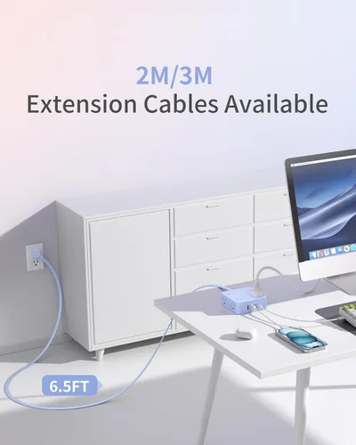 Miniatura 9 de SMALLRT - Cable de extensión con múltiples tomas, extensor de salida con protector de sobretensiones, enchufe plano de 6.5 pies con puertos USB, 8