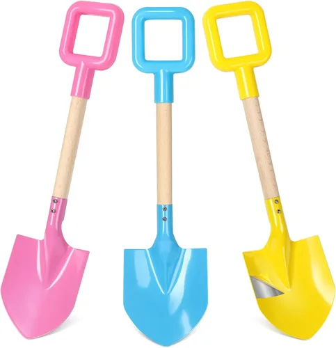 Dsmile 3 palas largas de playa de 16 pulgadas de metal para niños, palas de arena, juguetes con mango de madera para excavar, palas de nieve, caja