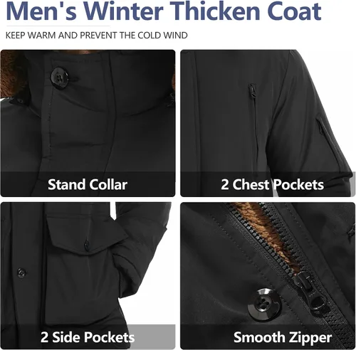 Miniatura 5 de Men's Winter Thicken Coat Warm Faux Fur Lined Padded Puffer Parka Jacket with Removable Hood