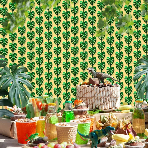 Miniatura 8 de Decoraciones tropicales para fiestas, paquete de 2 unidades de 3.3 x 6.6 pies, hojas de palmera tropicales verdes, cortina de flecos de hojas